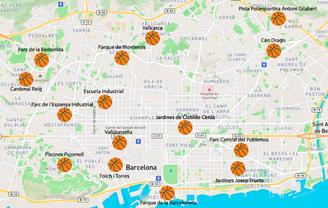 Mapa de Barcelona con las canchas de Baloncesto
