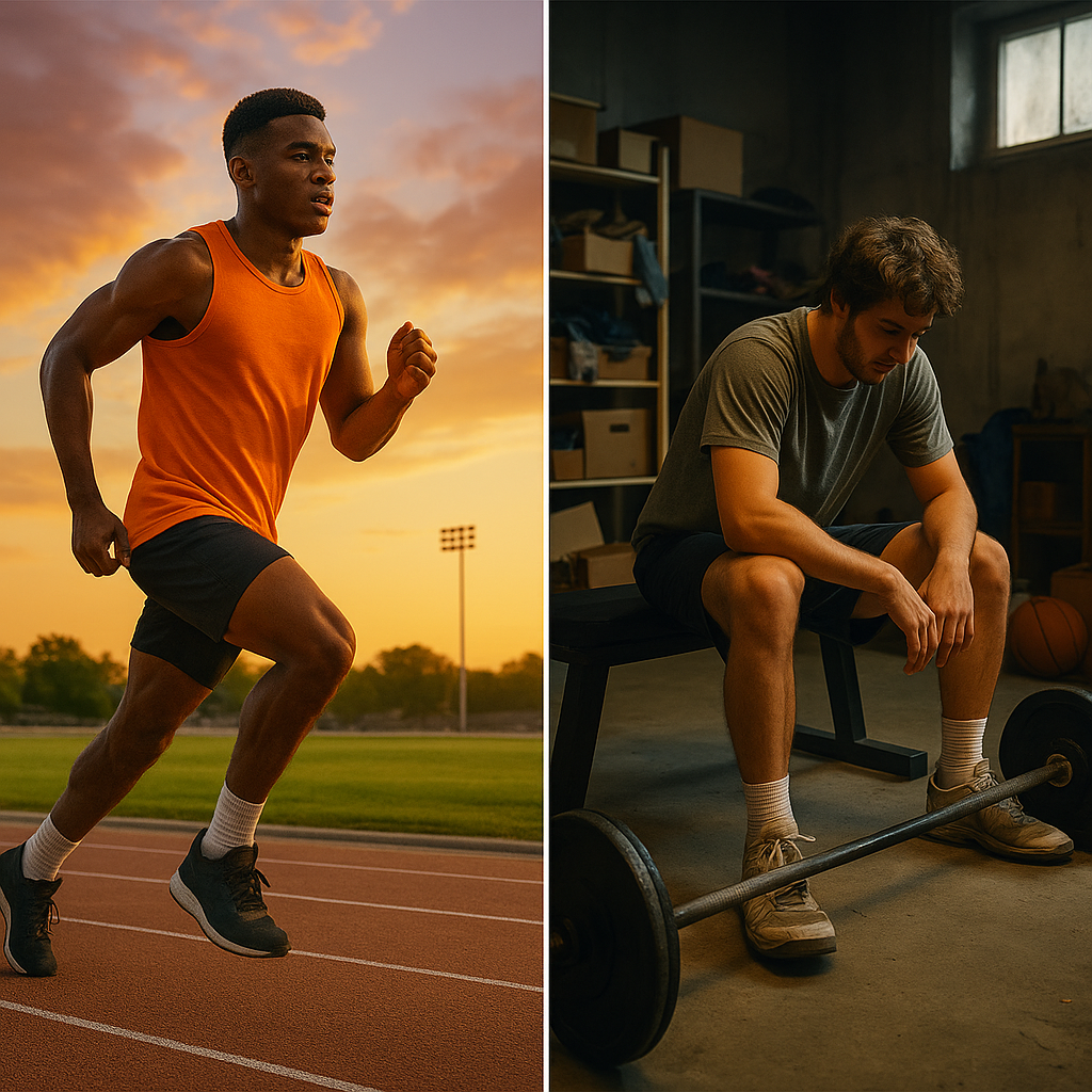 Atleta corriendo al amanecer con camiseta naranja BAP, contrastado con un deportista desmotivado en gimnasio oscuro: la influencia del entorno en el rendimiento deportivo