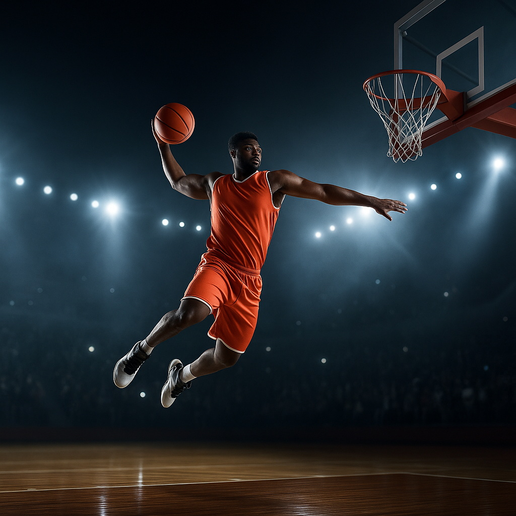 Jugador de baloncesto realizando un mate espectacular en suspensión, entrenando la explosividad y el salto vertical en pista profesional iluminada