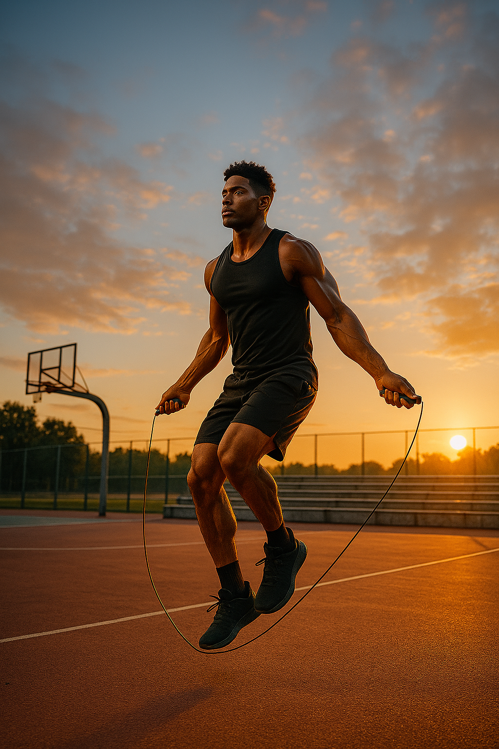 Jugador de baloncesto saltando a la cuerda en una pista al amanecer, entrenando la coordinación, ritmo y fuerza explosiva como parte de su preparación física